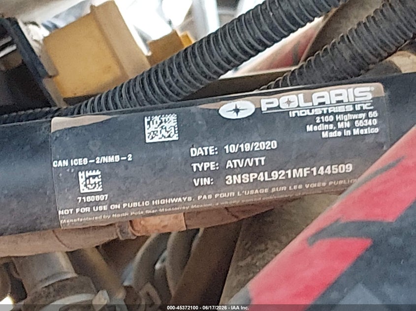 2021 Polaris Rzr Turbo S 4 VIN: 3NSP4L921MF144509 Lot: 45372100