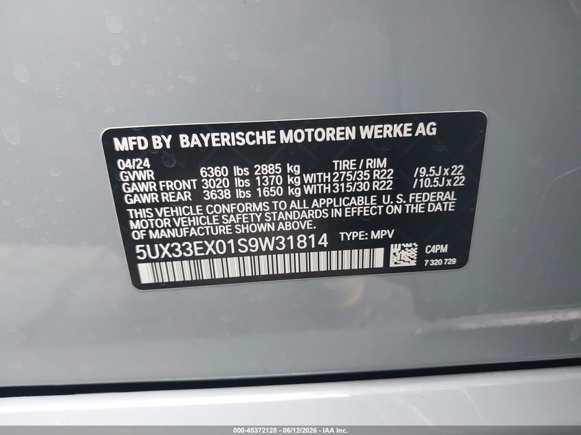 2025 BMW X6 xDrive40I VIN: 5UX33EX01S9W31814 Lot: 45372128