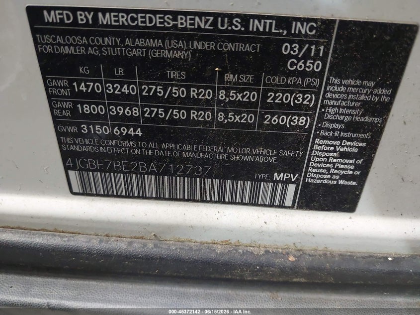 2011 Mercedes-Benz Gl 450 4Matic VIN: 4JGBF7BE2BA712737 Lot: 45372142