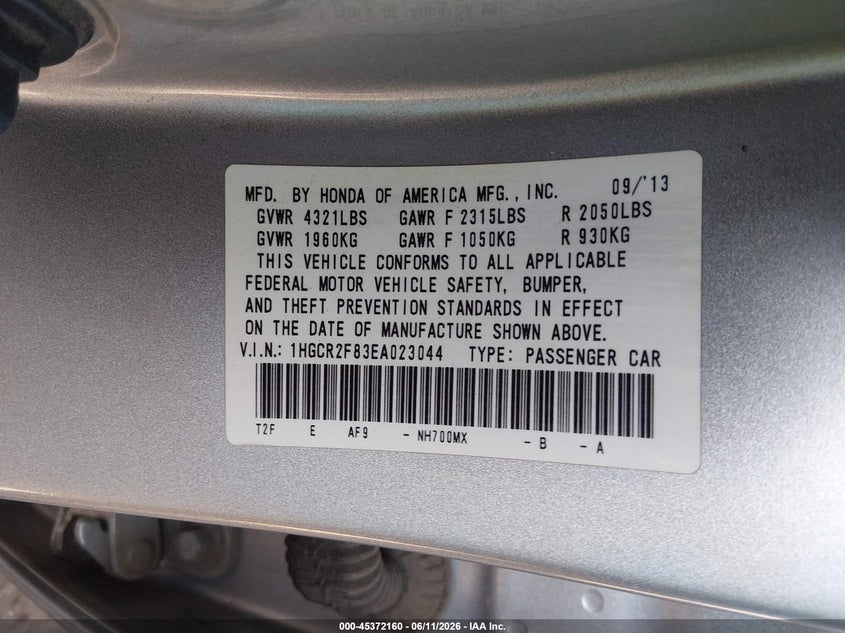 2014 HONDA ACCORD SEDAN 2.4L I-4 DI, DOHC, VVT, 185HP