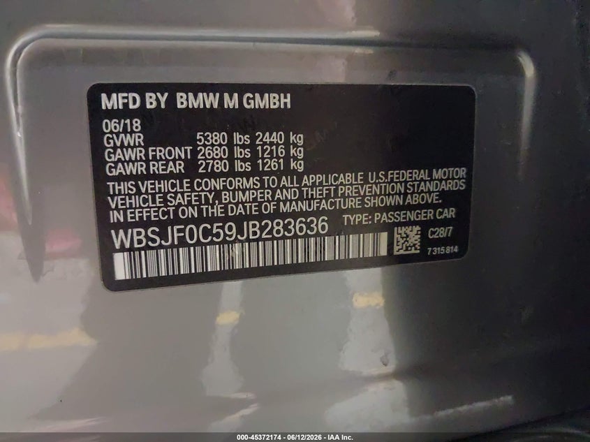 2018 BMW M5 VIN: WBSJF0C59JB283636 Lot: 45372174