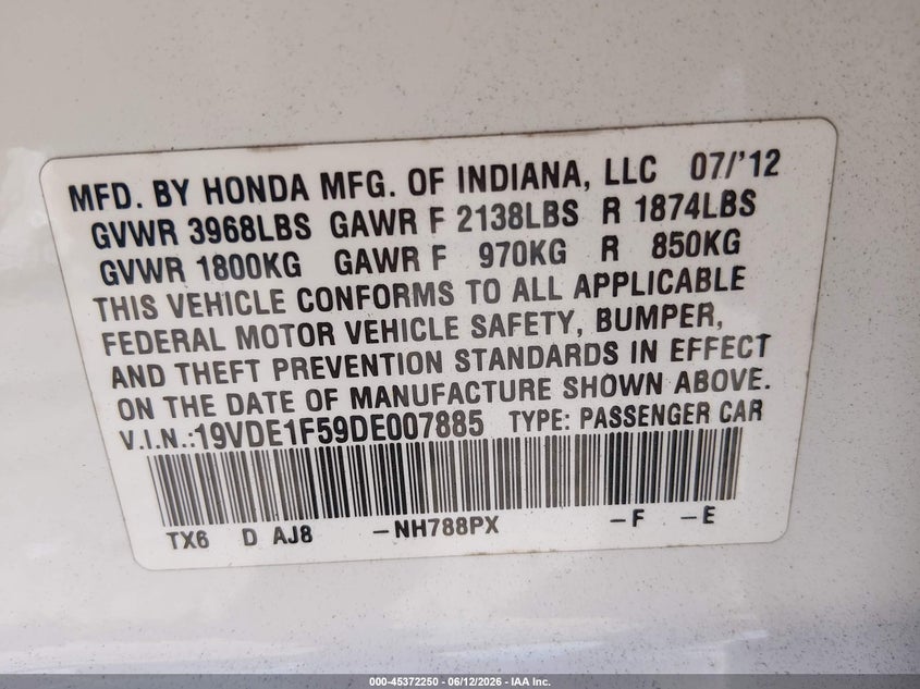 2013 Acura Ilx 2.0L VIN: 19VDE1F59DE007885 Lot: 45372250