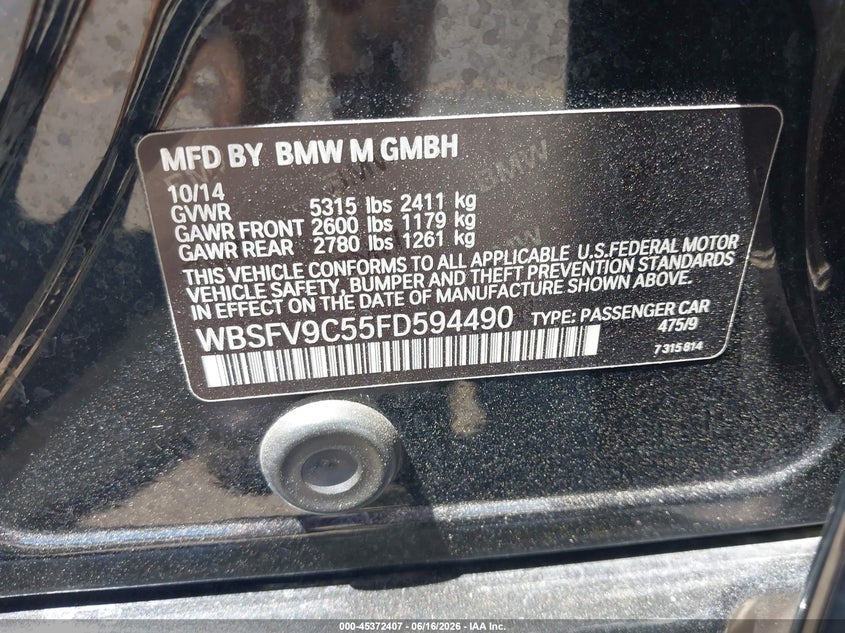 2015 BMW M5 VIN: WBSFV9C55FD594490 Lot: 45372407