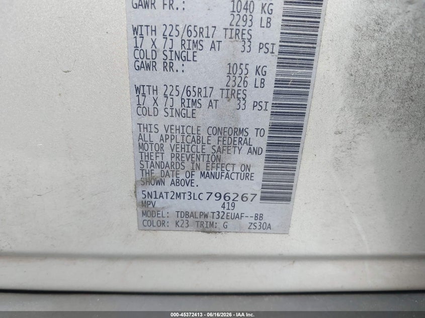 VIN 5N1AT2MT3LC796267 2020 NISSAN ROGUE S FWD