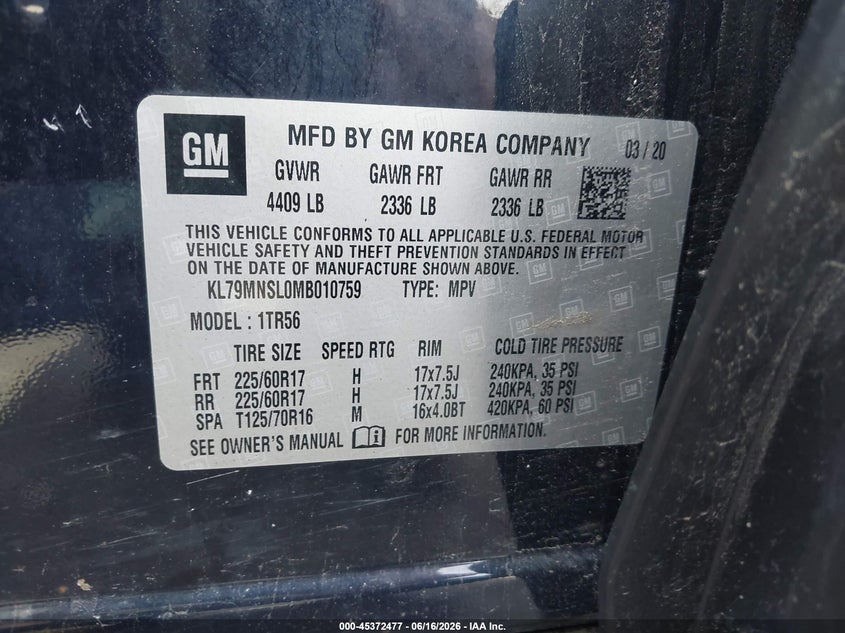 2021 Chevrolet Trailblazer Awd Ls VIN: KL79MNSL0MB010759 Lot: 45372477