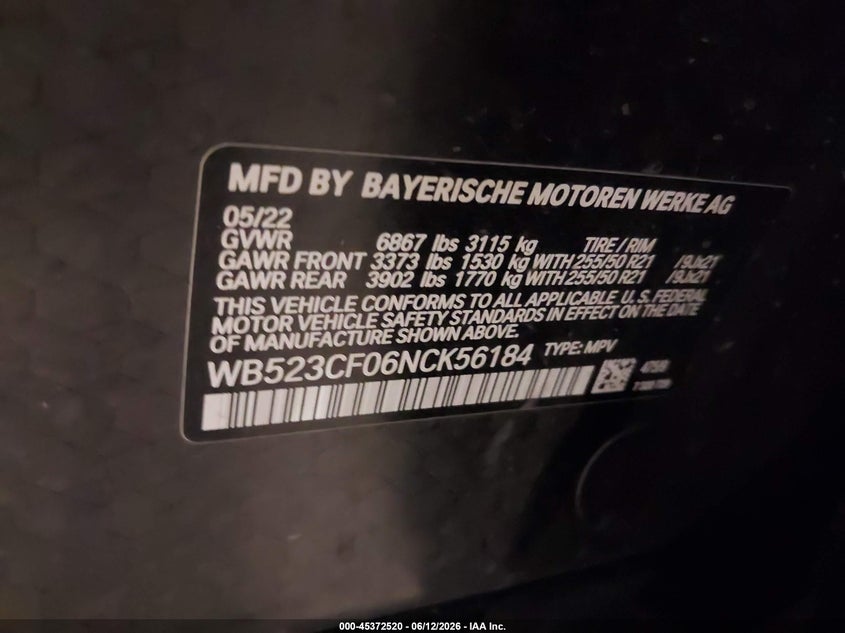 2022 BMW Ix xDrive50 VIN: WB523CF06NCK56184 Lot: 45372520