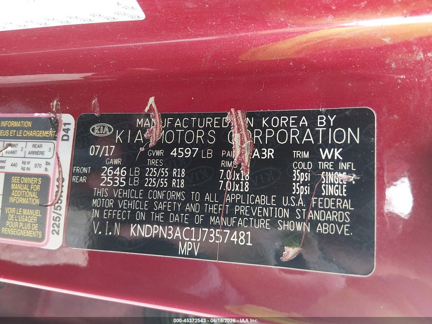 VIN KNDPN3AC1J7357481 2018 KIA SPORTAGE EX