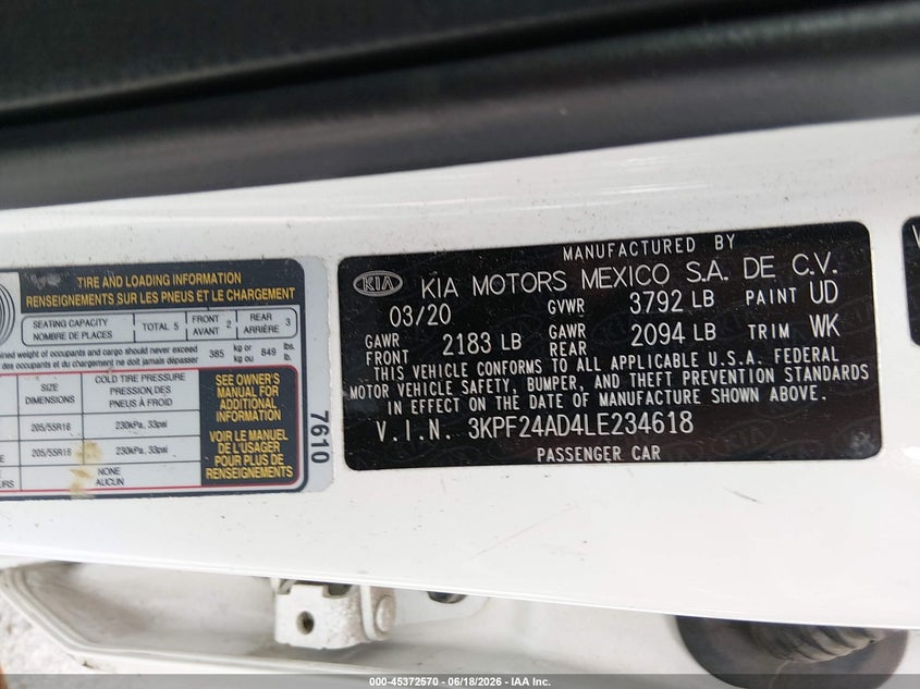 2020 Kia Forte Lxs VIN: 3KPF24AD4LE234618 Lot: 45372570