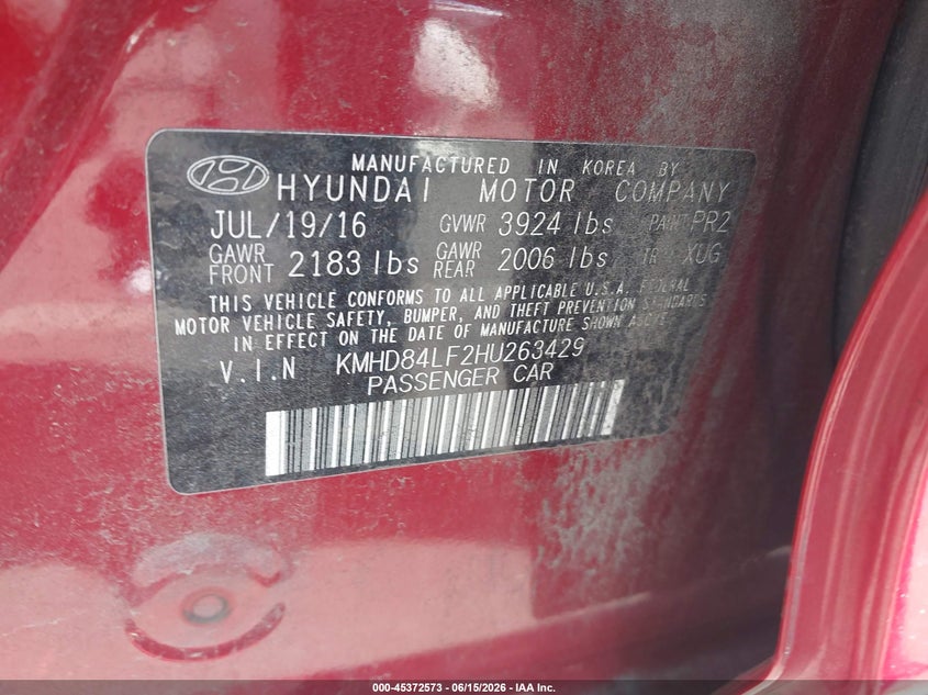 VIN KMHD84LF2HU263429 2017 HYUNDAI ELANTRA LIMITED