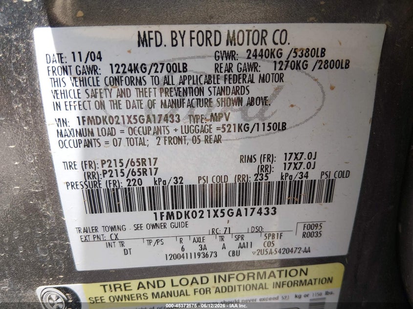 2005 Ford Freestyle Sel VIN: 1FMDK021X5GA17433 Lot: 45372575