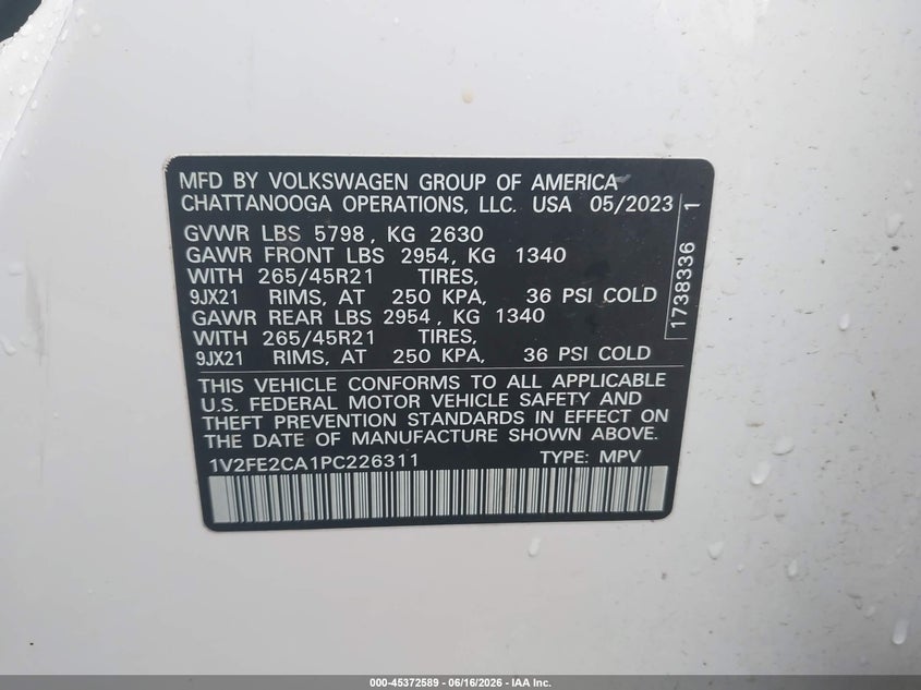 2023 Volkswagen Atlas Cross Sport 3.6L V6 Sel Premium R-Line VIN: 1V2FE2CA1PC226311 Lot: 45372589