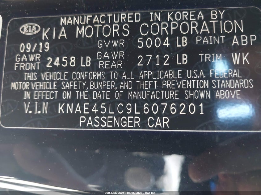 VIN KNAE45LC9L6076201 2020 KIA STINGER GT1