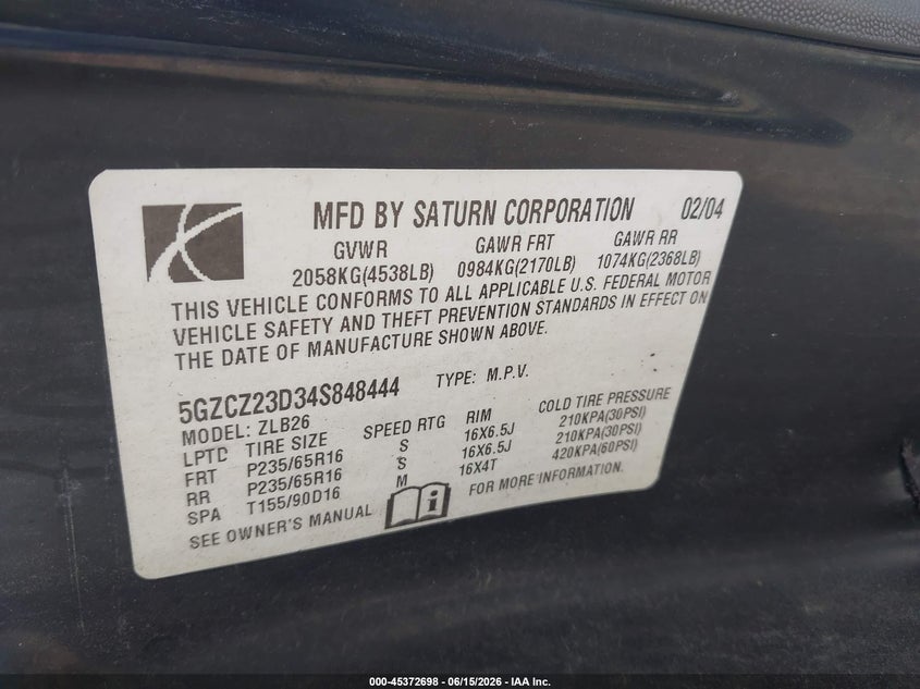 2004 Saturn Vue 4 Cyl VIN: 5GZCZ23D34S848444 Lot: 45372698