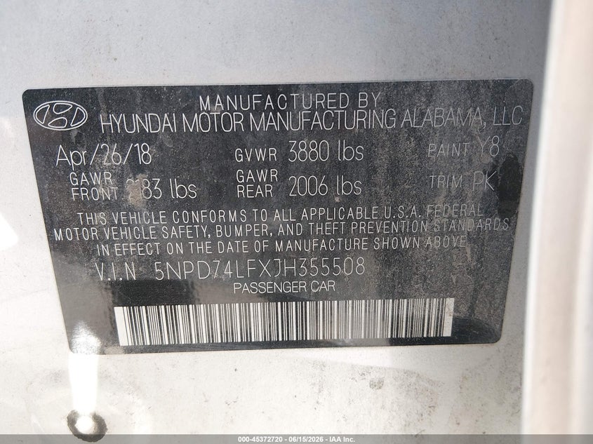 VIN 5NPD74LFXJH355508 2018 HYUNDAI ELANTRA SE