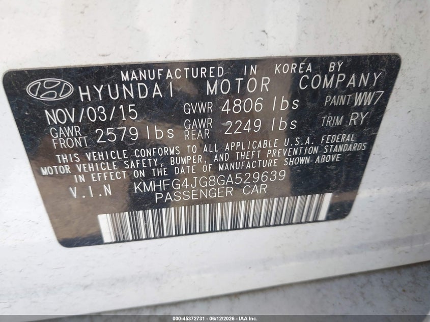 2016 Hyundai Azera VIN: KMHFG4JG8GA529639 Lot: 45372731