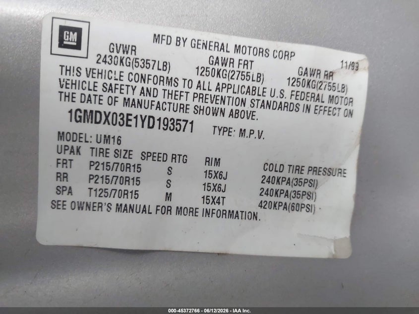 2000 Pontiac Montana M16 VIN: 1GMDX03E1YD193571 Lot: 45372766