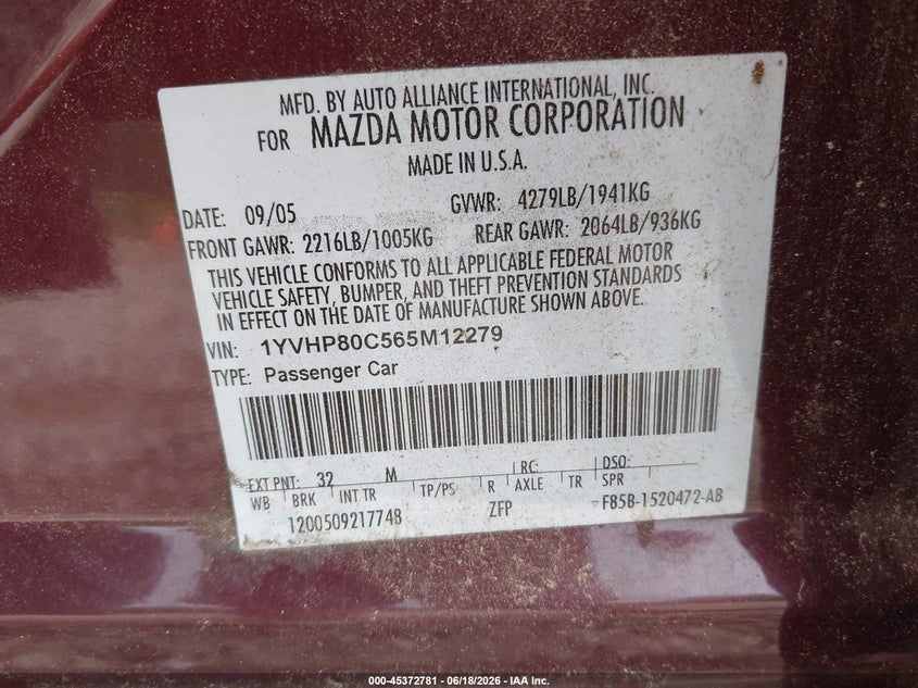 2006 Mazda Mazda6 Sport I VIN: 1YVHP80C565M12279 Lot: 45372781