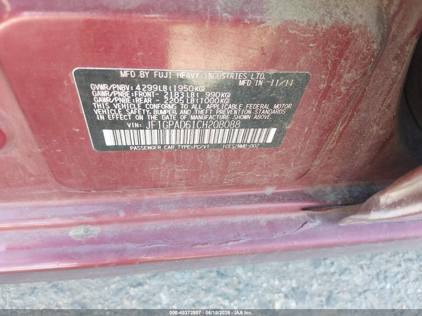SUBARU IMPREZA 2012 VIN JF1GPAD61CH208088