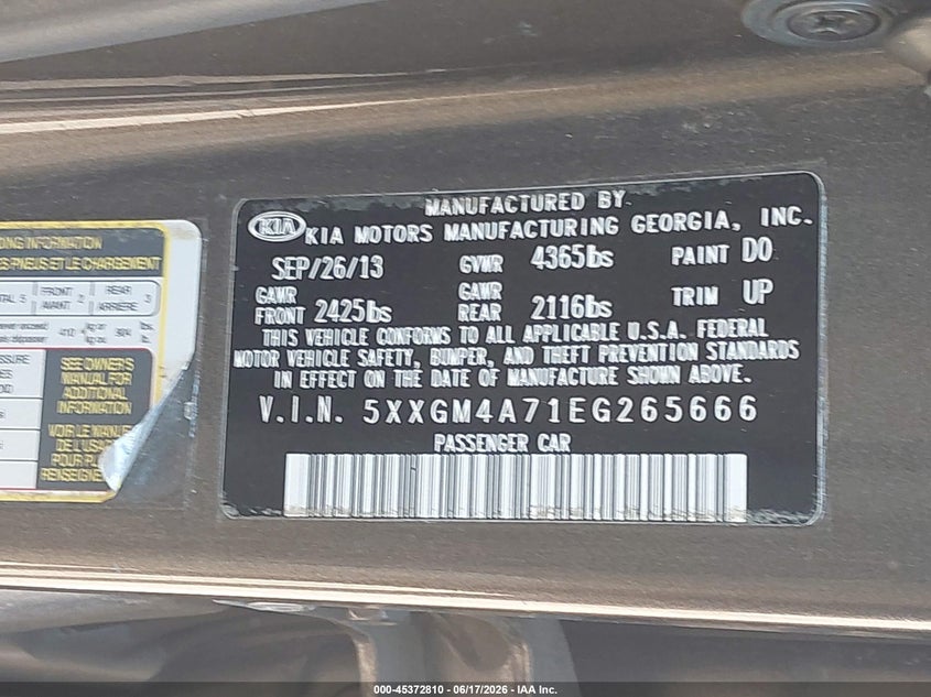 2014 Kia Optima Lx VIN: 5XXGM4A71EG265666 Lot: 45372810