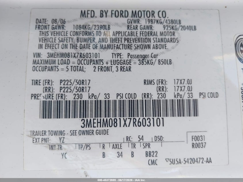 2007 Mercury Milan Premier VIN: 3MEHM081X7R603101 Lot: 45372889