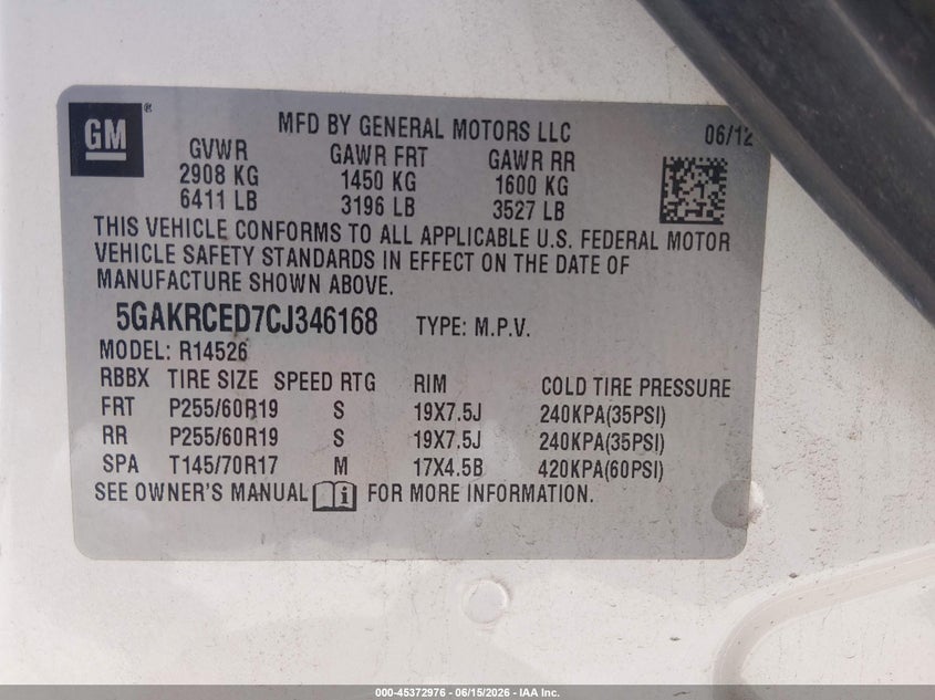 BUICK ENCLAVE 2012 VIN 5GAKRCED7CJ346168