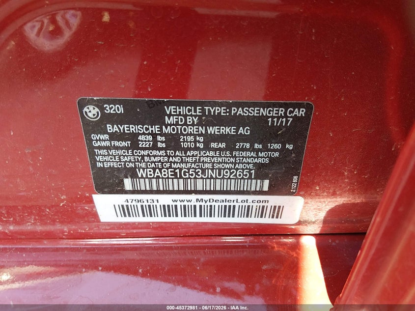 BMW 320I 2018 VIN WBA8E1G53JNU92651