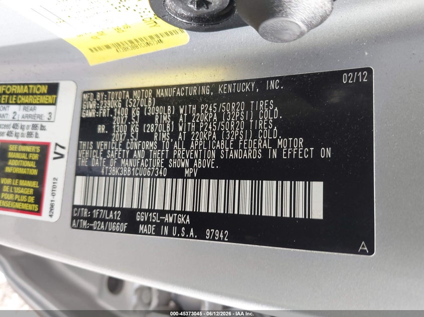 2012 Toyota Venza Limited V6 VIN: 4T3BK3BB1CU067340 Lot: 45373045