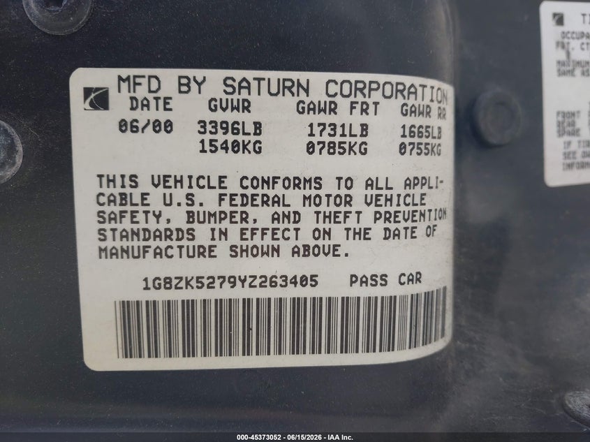 2000 Saturn Sl2 VIN: 1G8ZK5279YZ263405 Lot: 45373052