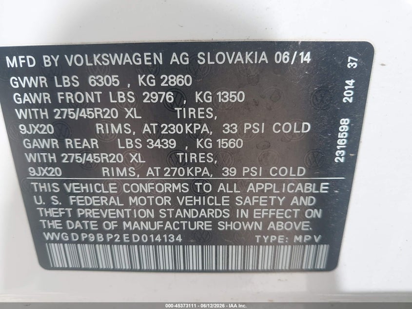 2014 Volkswagen Touareg Tdi R-Line VIN: WVGDP9BP2ED014134 Lot: 45373111