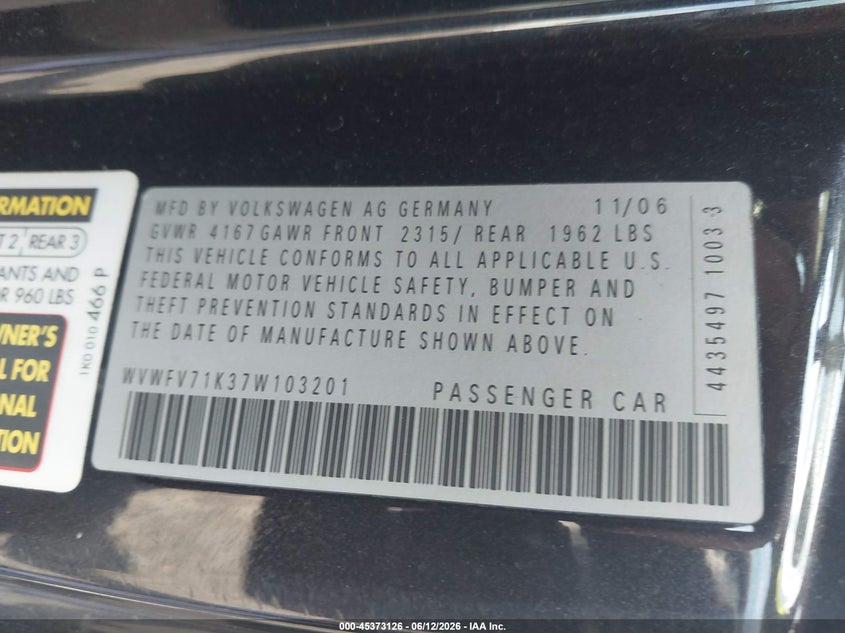 2007 Volkswagen Gti 2-Door (A6)/Fahrenheit VIN: WVWFV71K37W103201 Lot: 45373126