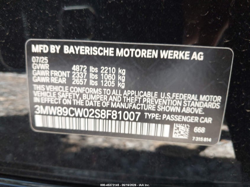 BMW 330I 2025 VIN 3MW89CW02S8F81007