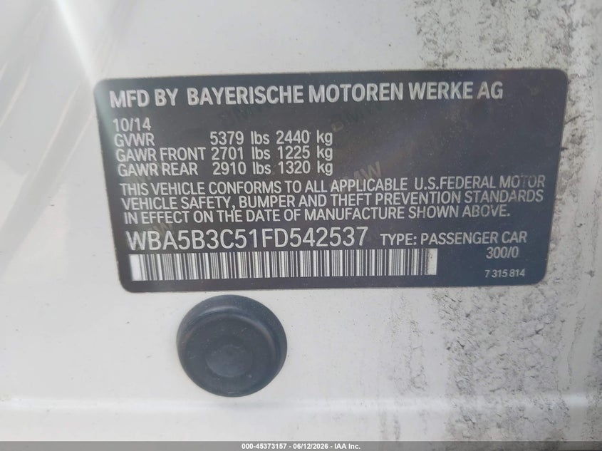 2015 BMW 535I xDrive VIN: WBA5B3C51FD542537 Lot: 45373157
