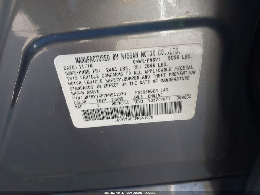 2015 Infiniti Q70 3.7 VIN: JN1BY1AP7FM541070 Lot: 45373185