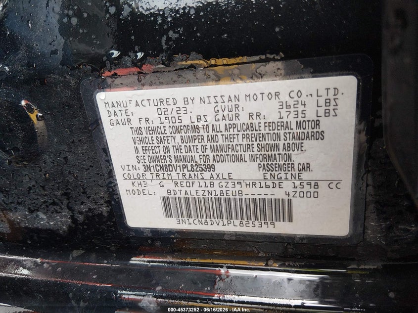 2023 Nissan Versa 1.6 S Xtronic Cvt VIN: 3N1CN8DV1PL825399 Lot: 45373252