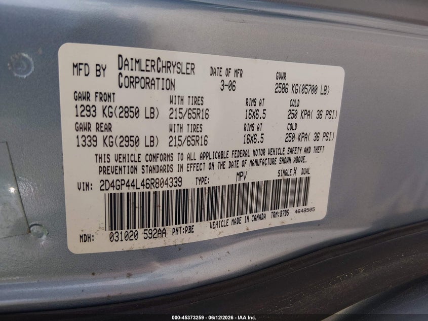 2006 DODGE CARAVAN VAN 3.8L V-6 205HP