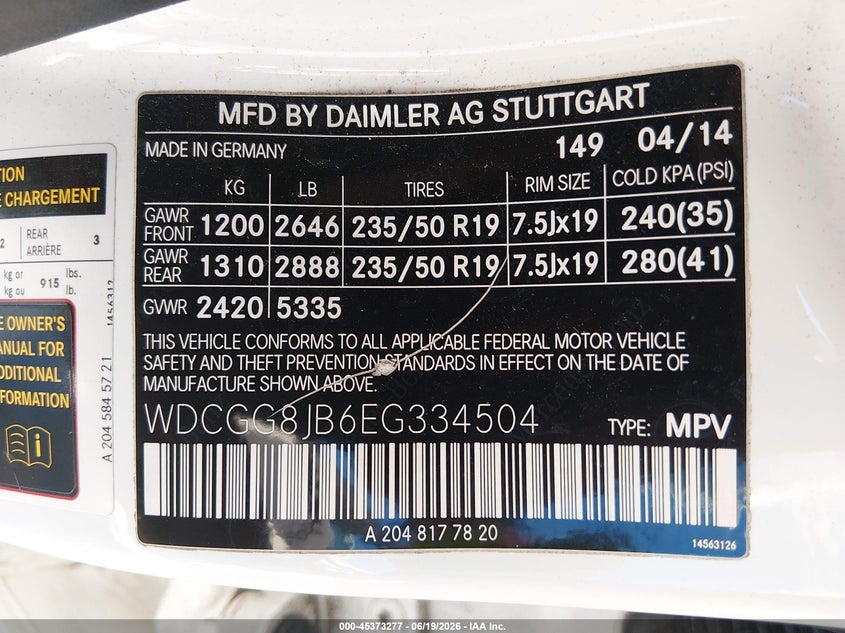 2014 Mercedes-Benz Glk 350 4Matic VIN: WDCGG8JB6EG334504 Lot: 45373277