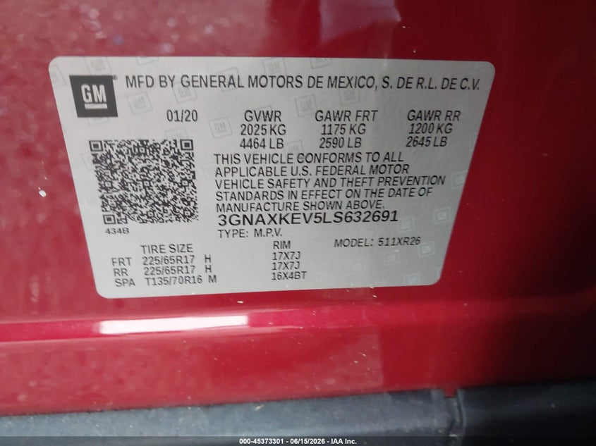VIN 3GNAXKEV5LS632691 2020 CHEVROLET EQUINOX FWD LT 1.5L TURBO