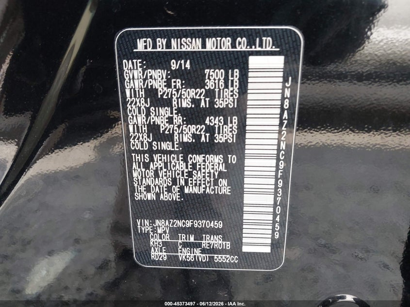 2015 Infiniti Qx80 VIN: JN8AZ2NC9F9370459 Lot: 45373497