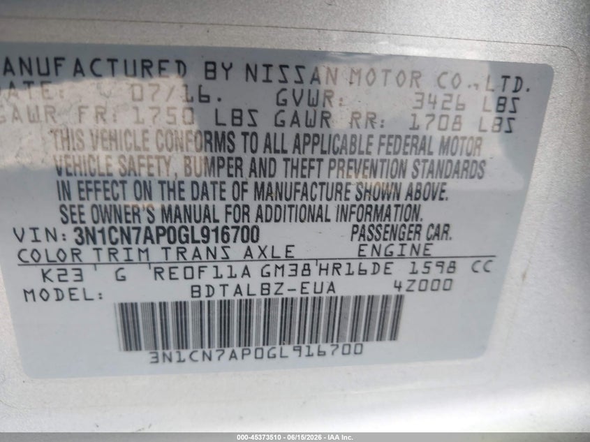 2016 NISSAN VERSA SEDAN 1.6L I-4 DOHC, VVT, 109HP