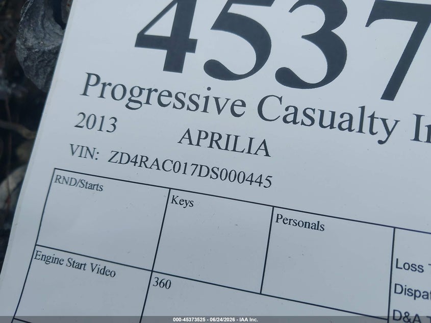 2013 Aprilia Shiver 750 VIN: ZD4RAC017DS000445 Lot: 45373525