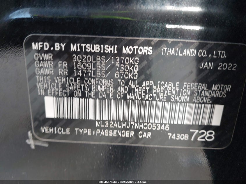 2022 Mitsubishi Mirage Es/Le VIN: ML32AUHJ7NH005346 Lot: 45373569
