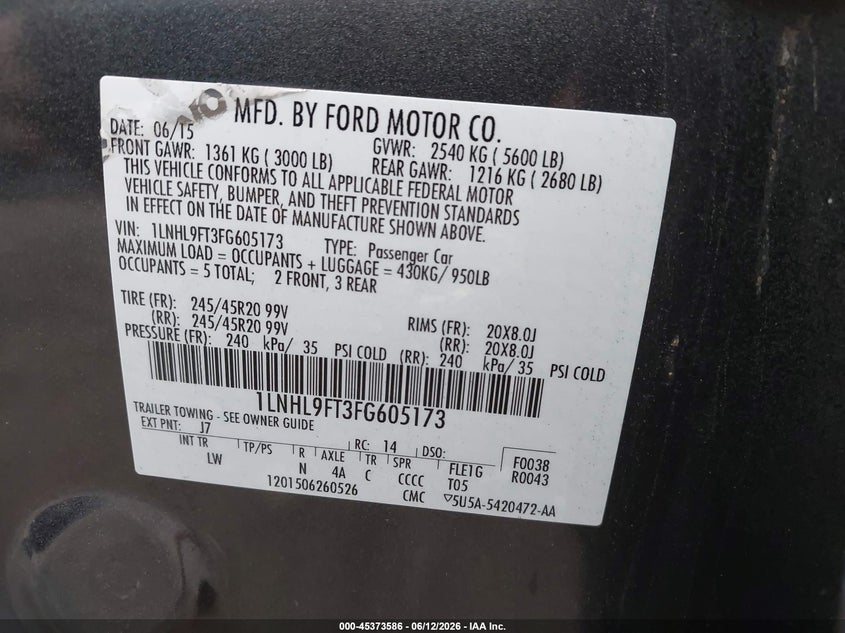2015 Lincoln Mks Ecoboost VIN: 1LNHL9FT3FG605173 Lot: 45373586