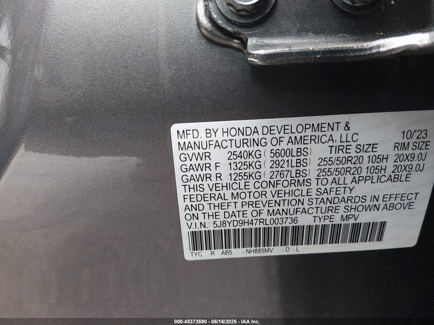 2024 Acura Mdx Technology Package VIN: 5J8YD9H47RL003736 Lot: 45373590