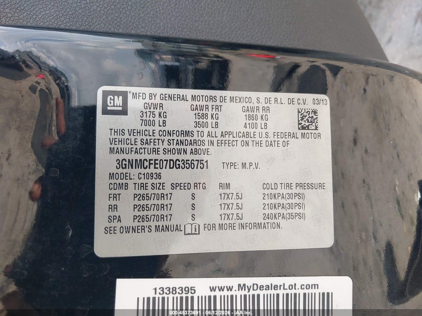 2013 Chevrolet Avalanche Lt VIN: 3GNMCFE07DG356751 Lot: 45373691