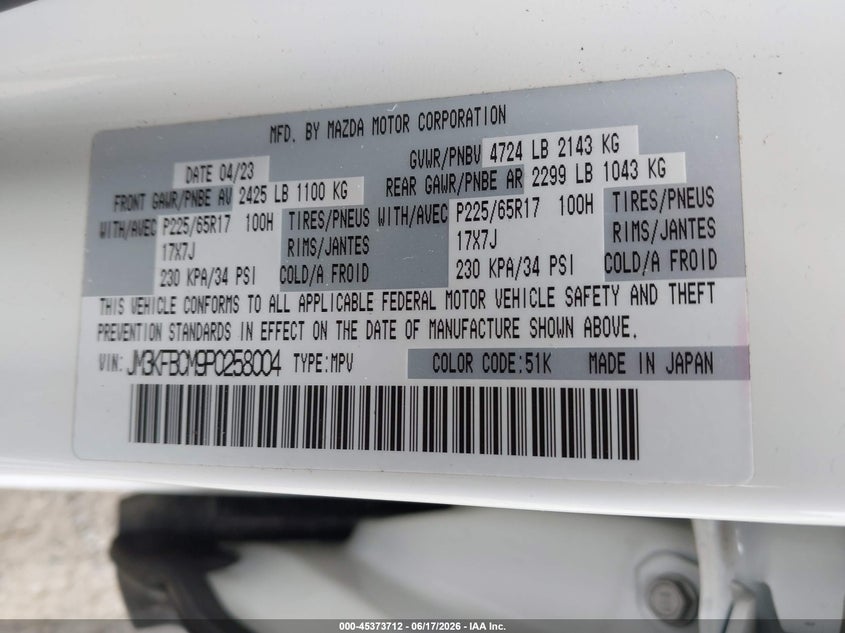 MAZDA CX-5 2023 VIN JM3KFBCM9P0258004