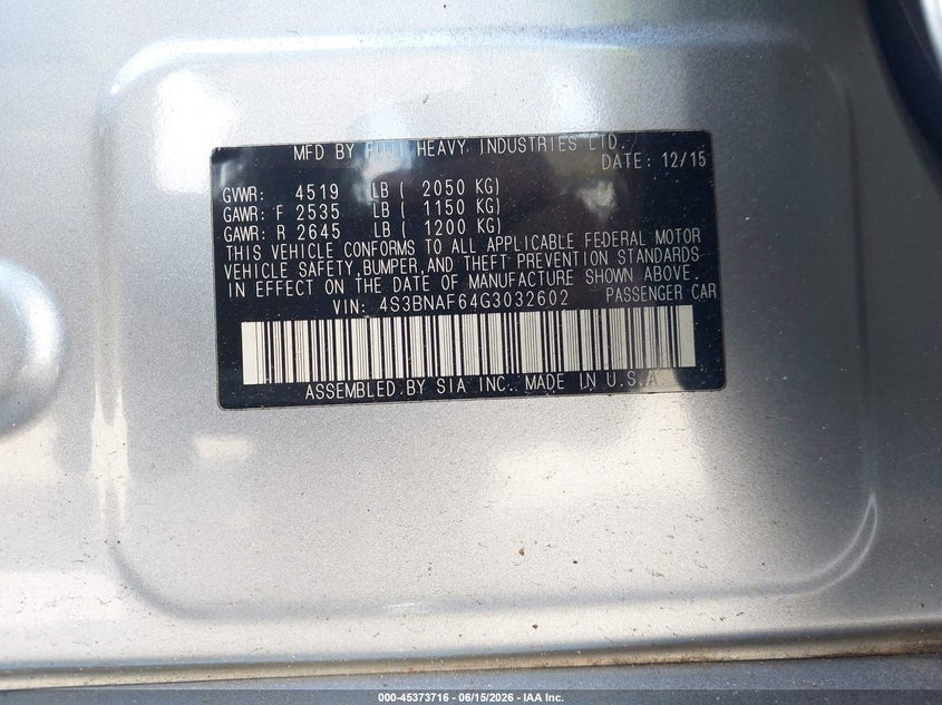 SUBARU LEGACY 2016 VIN 4S3BNAF64G3032602