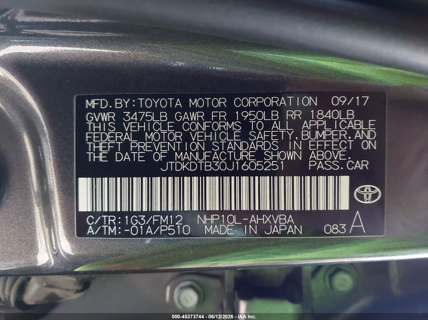 2018 Toyota Prius C Two VIN: JTDKDTB30J1605251 Lot: 45373744