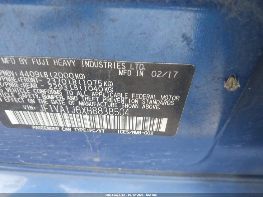 2017 Subaru Wrx Limited VIN: JF1VA1J6XH8838504 Lot: 45373763