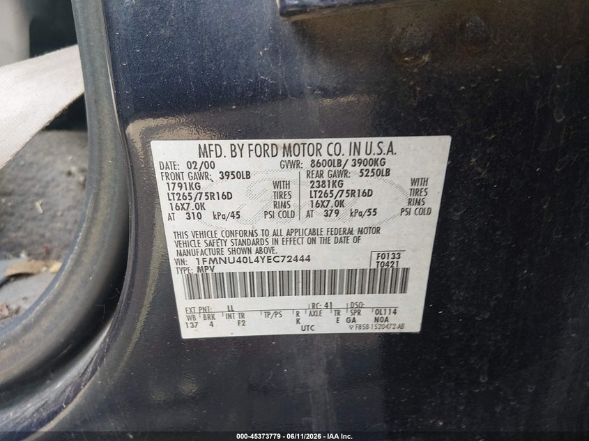 2000 Ford Excursion Xlt VIN: 1FMNU40L4YEC72444 Lot: 45373779