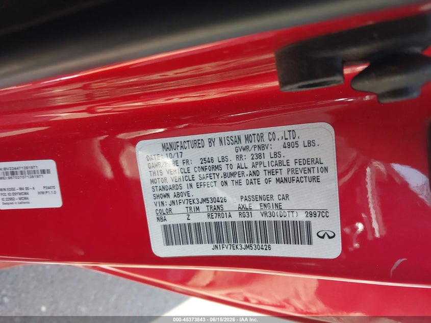 2018 Infiniti Q60 3.0T Red Sport 400 VIN: JN1FV7EK3JM530426 Lot: 45373843